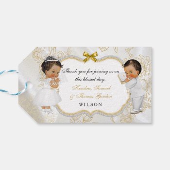 Boy Girl Twins Baptism Communion Gold Cross Gift Tags by HydrangeaBlue at Zazzle