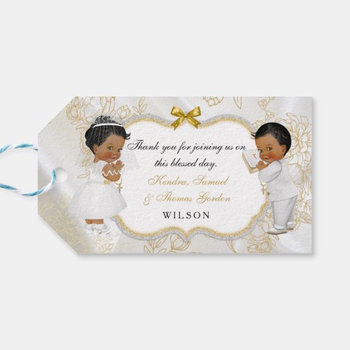 Boy Girl Twins Baptism Communion Gold Ethnic Gift Tags