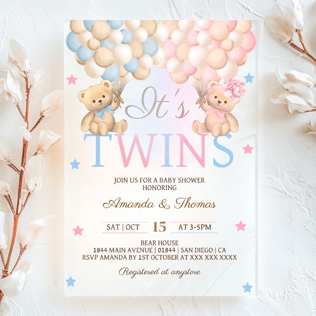 Boy Girl Twins Bear With Balloons Baby Shower Acrylic Invitations (Creator Uploaded)