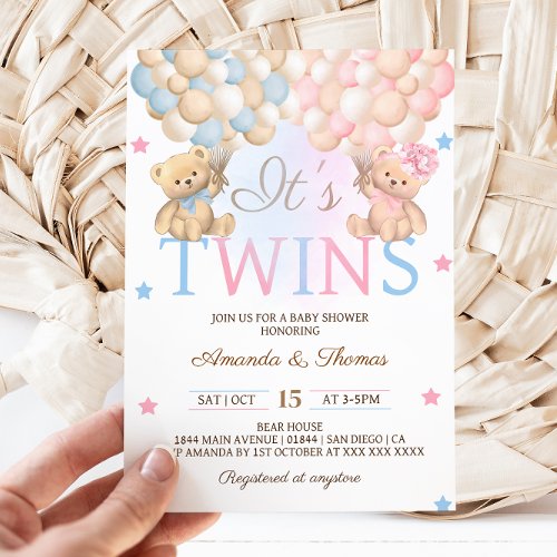 Boy Girl Twins Bear With Balloons Baby Shower Invitation