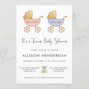 Boy Girl Twins Carriage Watercolor Baby Shower Invitation