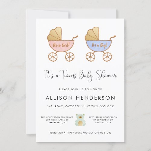 Boy Girl Twins Carriage Watercolor Baby Shower Invitation