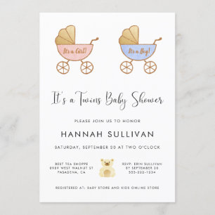 Boy & Girl Twins Carriage Watercolor Shower Invitation