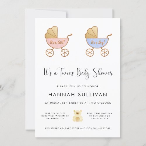 Boy  Girl Twins Carriage Watercolor Shower Invitation