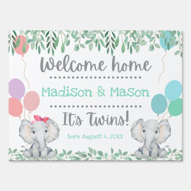 Boy Girl Twins Elephant Welcome Home Yard Sign (Front)