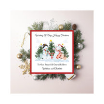 Boy Girl Twins First Second Christmas Snowman Card