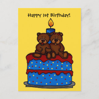 boy-girl twins on 1st birthday cake postcard