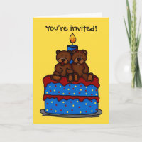 boy-girl twins on birthday cake invitation card