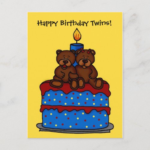 boy_girl twins on birthday cake postcard