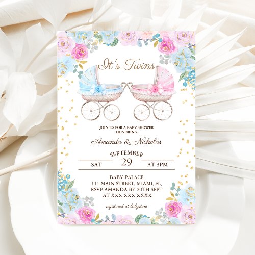 Boy Girl Twins Pink Blue Stroller Baby Shower  Invitation