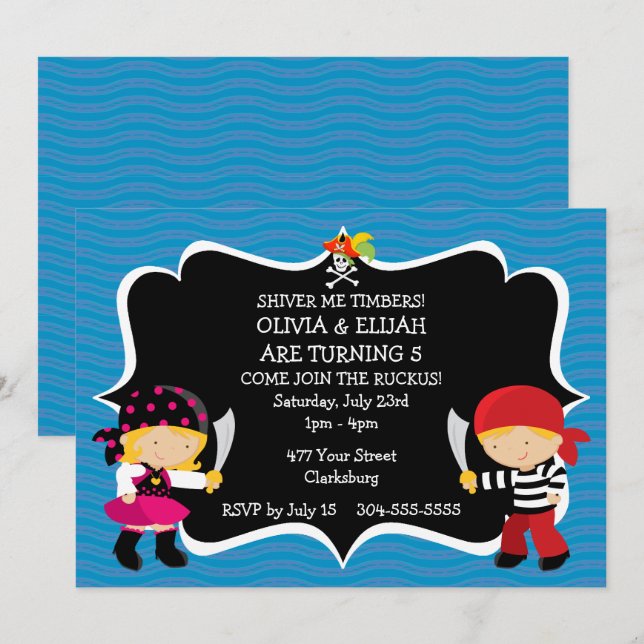 Boy Girl Twins Pirate Birthday Party Invitation (Front/Back)