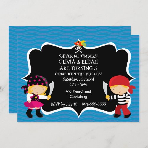 Boy Girl Twins Pirate Birthday Party Invitation