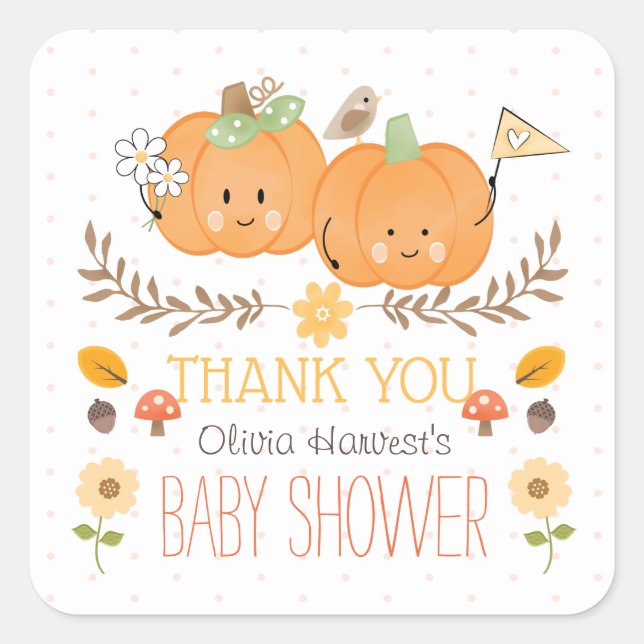 Boy Girl Twins Pumpkin Baby Shower Thank You  Square Sticker (Front)