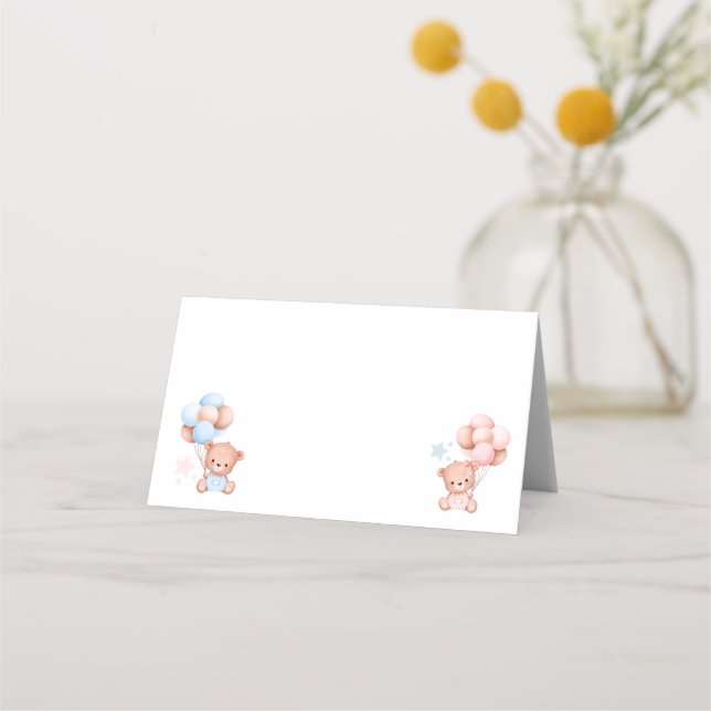 Boy Girl Twins Teddy Bear Baby Shower Blank Place Card (Front)
