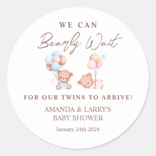 Boy Girl Twins Teddy Bear Baby Shower Classic Round Sticker