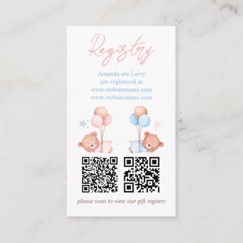 Boy Girl Twins Teddy Bear Baby Shower Registry Enclosure Card