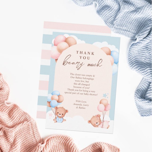 Boy Girl Twins Teddy Bear Baby Shower Thank You Card (Creator Uploaded)