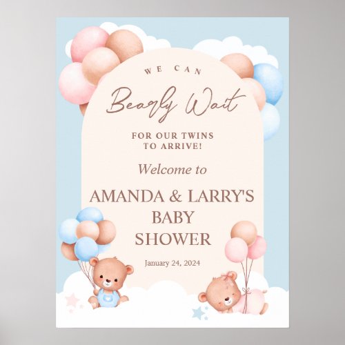Boy Girl Twins Teddy Bear Baby Shower Welcome Poster