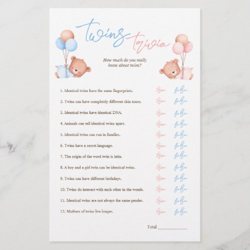 Boy Girl Twins Trivia Baby Shower Game Flyer