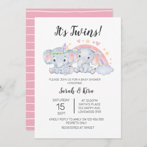 Boy Girl Watercolor Elephants Twins Baby Shower  Invitation