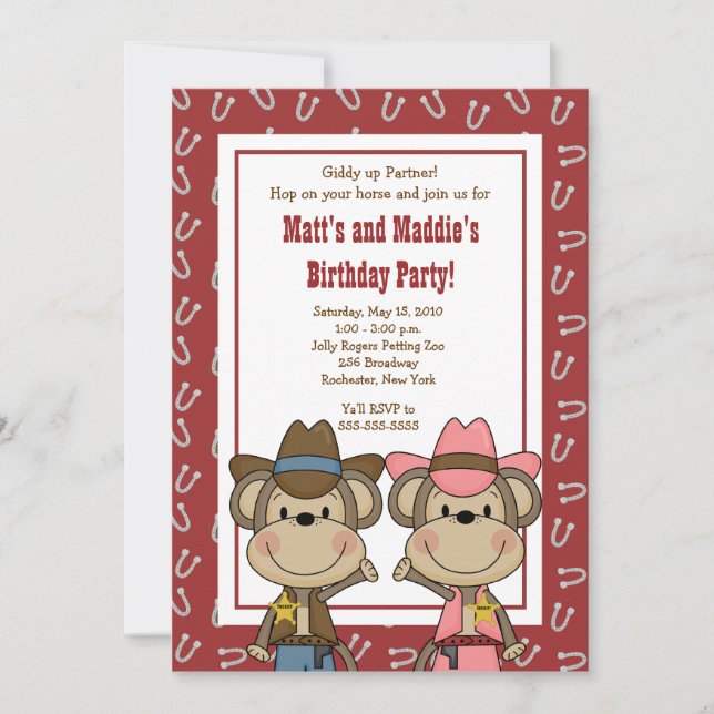 BOY & GIRL Western Cowboy Monkey 5x7 Birthday Invitation (Front)