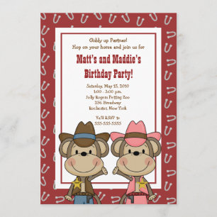 BOY & GIRL Western Cowboy Monkey 5x7 Birthday Invitation