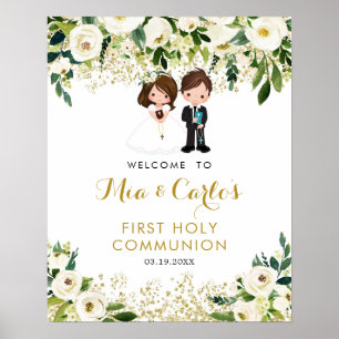 Boy Girl White Floral First Communion Welcome Sign