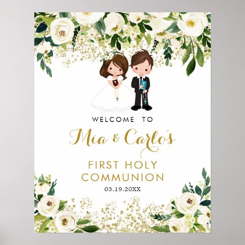 Boy Girl White Floral First Communion Welcome Sign