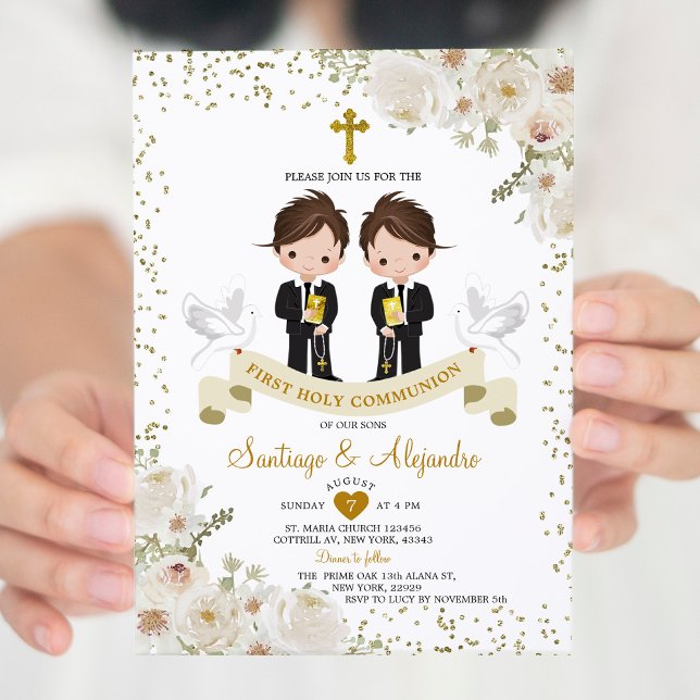 Boy Girl White Flower 1st Holy Communion Gold Invitation (Creator Uploaded)