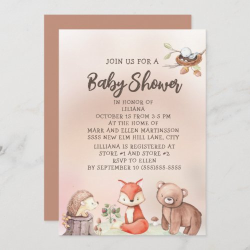 Boy Girl Woodland Animals Fox Bear Hedgehog Bird I Invitation