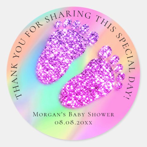 Boy GirlBaby Shower Favor Thank Glitter Pink Feet  Classic Round Sticker