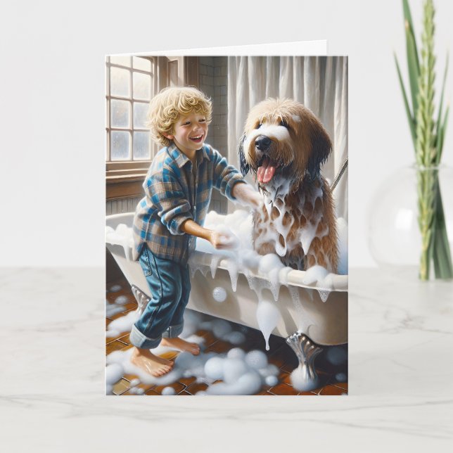 Boy Giving His Dog A Bath for Birthday Card (Front)