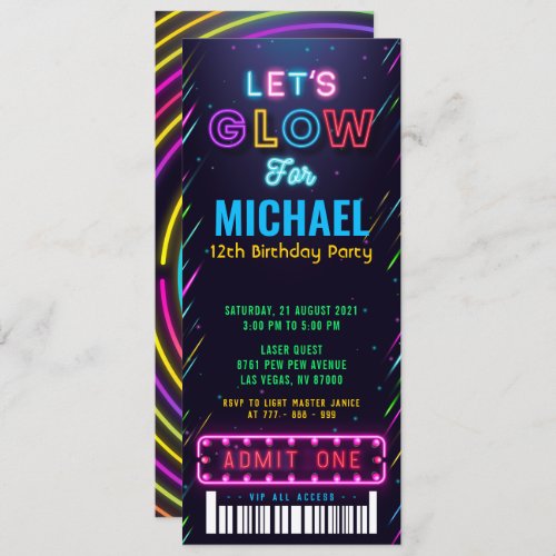 Boy Glow Party Ticket Pass Birthday Invitation