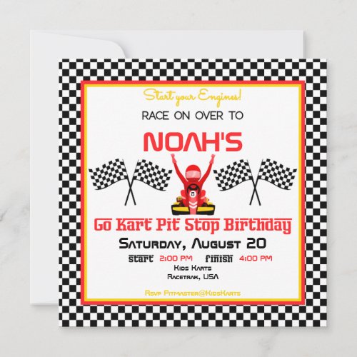 Boy Go Kart Birthday Party  Checkered Racing Flag Invitation