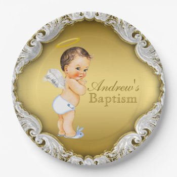 Boy Gold Angel Baptism Christening Paper Plates by The_Vintage_Boutique at Zazzle