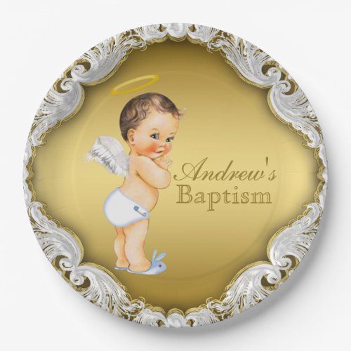 Boy Gold Angel Baptism Christening Paper Plates