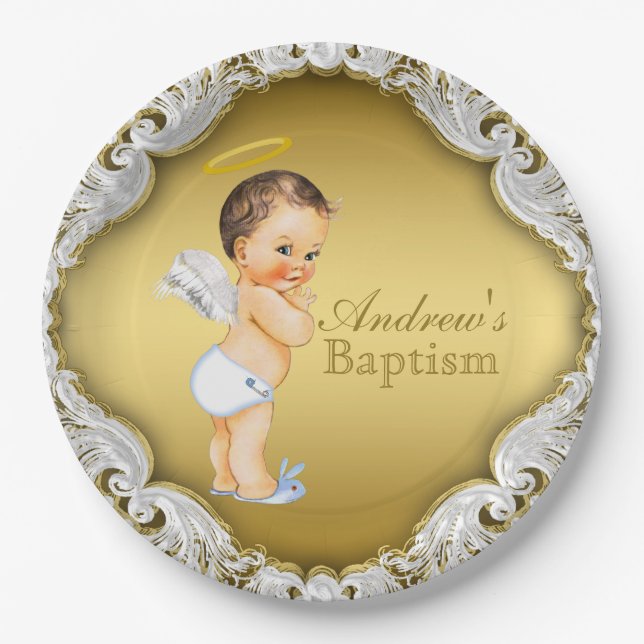 Boy Gold Angel Baptism Christening Paper Plates (Front)