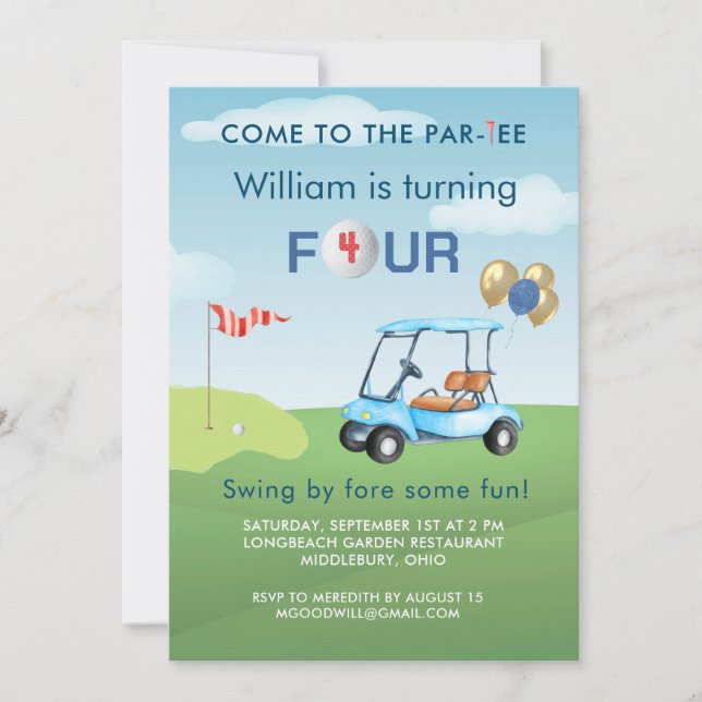 Boy Golf Cart Par-tee 4TH Birthday  Invitation (Front)