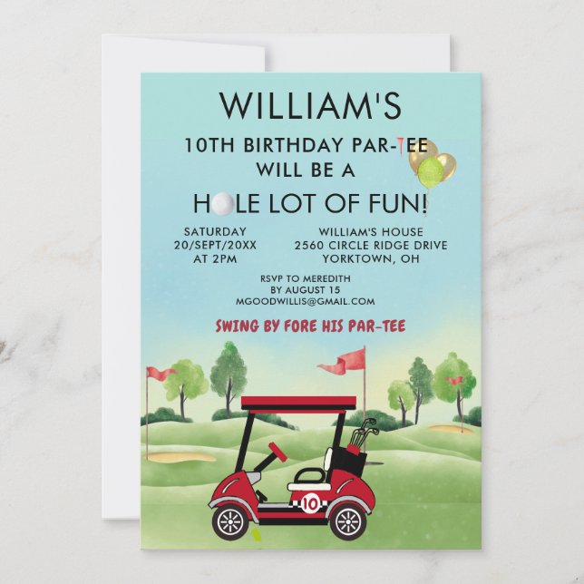 Boy Golf Theme 10th Birthday Par-Tee Invitation (Front)