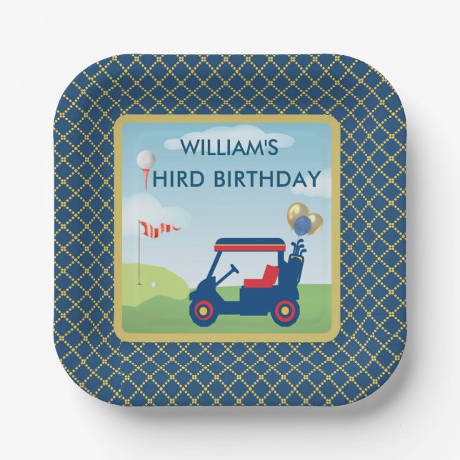 Boy Golf Theme 3rd Birthday Party Paper Plates (Front)