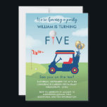 Boy Golf Theme 5th Birthday Party Invitation<br><div class="desc">You will so enjoy sending out this charming and unique invitation  - with that wonderful golf cart and gold and blue balloons-- completed with his  script name.  Any design questions just send a chat or an email to charmdesignstudio@rcn.com and we'll be delighted to assist.</div>