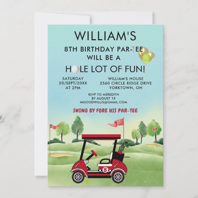 Boy Golf Theme 8th Birthday Par-Tee Invitation (Front)