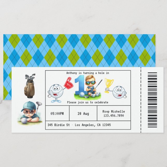 Boy Golf Ticket Style 1st Birthday Party Invitation (Front/Back)