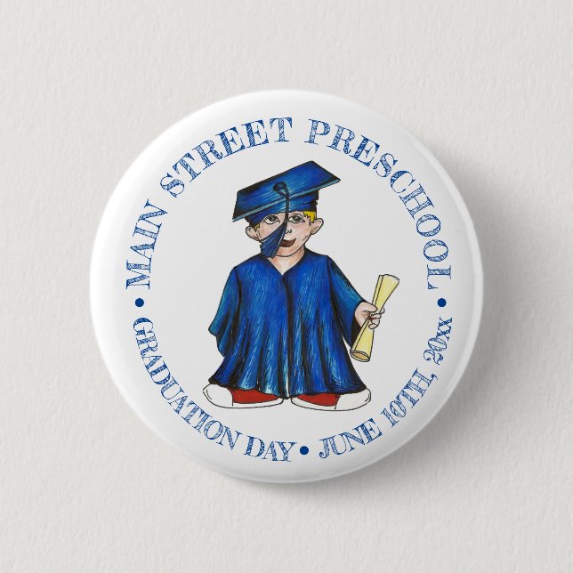 Boy Graduate Blue Cap Preschool Graduation Button (Front)