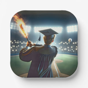 Boy Graduate Swinging a Flaming Baseball Bat Paper Plates