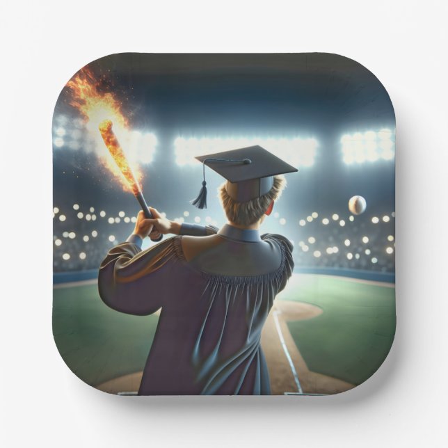 Boy Graduate Swinging a Flaming Baseball Bat Paper Plates (Front)