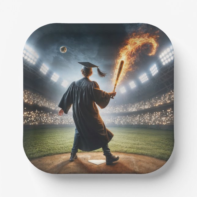 Boy Graduate Swinging a Flaming Baseball Bat Paper Plates (Front)