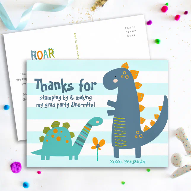 Boy Graduation Blue Dinosaurs Kawaii Thank You Postcard | Zazzle