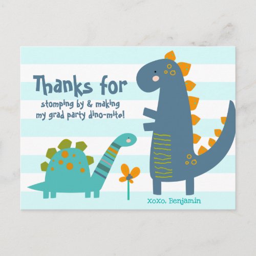 Boy Graduation Blue Dinosaurs Kawaii Thank You Postcard