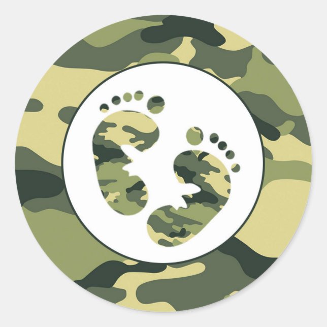 BOY Green camo baby feet favor stickers (Front)